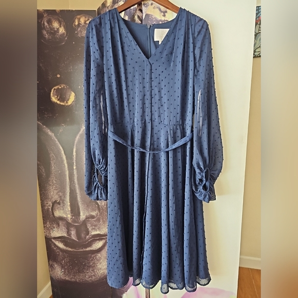 Gal Meets Glam Retro Andrea A-Line V Neck Sheer Balloon Sleeves Swiss Dot Dress - Picture 7 of 14